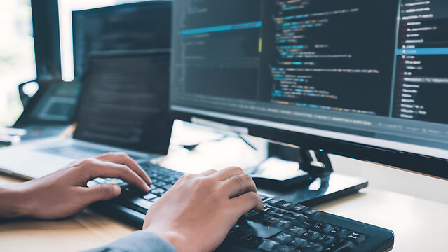 Programmer Typing Code on Keyboard with Multiple Monitors Displaying Code.