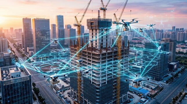 Drones operate on a construction site in a city during sunset with network technology visible in the air