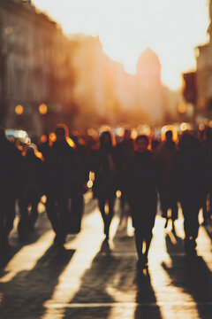 Silhouetted Crowd Walking Down a Sunlit City Street at Golden Hour.