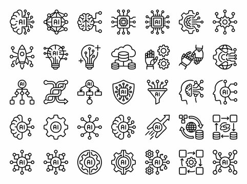 Modern collection of diverse artificial intelligence and machine learning integration icons showcasing futuristic tech concepts, neural networks, and data processing symbols in sleek line art style