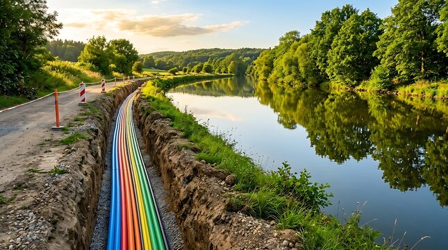 Colorful plastic pipes installed along a peaceful river in the green countryside.