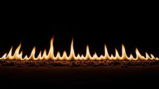 Row of fire flames isolated on black background