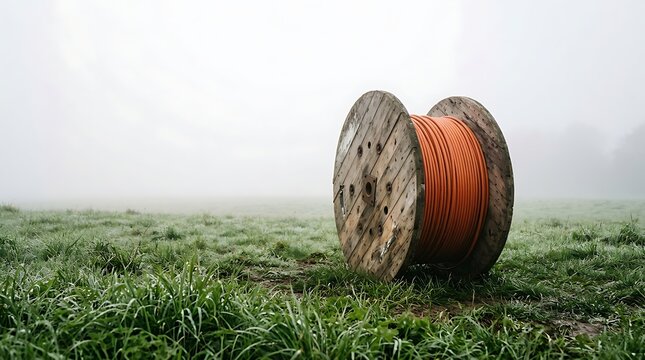Large wooden cable spool with orange wire sitting on grass in a cloudy field.