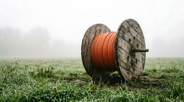 Large wooden cable reel with orange wire sitting on green grass in the field.