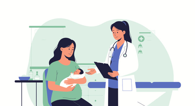 Doctor examines newborn infant with mother, healthcare medical illustration