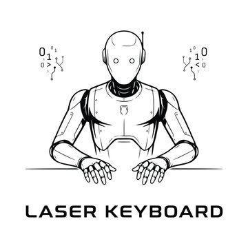 Robot illustration with binary code and laser keyboard black and white