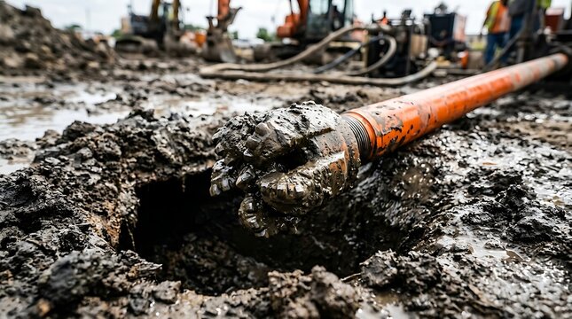 Heavy metal drill bit digging into deep wet mud at a construction work site.