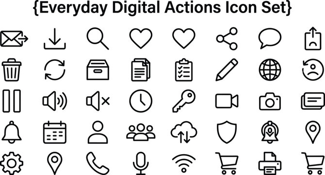 Everyday Digital Actions Icon Set With Outline Communication Navigation Media Security And Interface Symbols For Web Apps