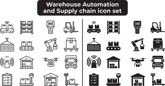 Warehouse automation and supply chain icon set featuring logistics equipment and inventory management symbols in vector format
