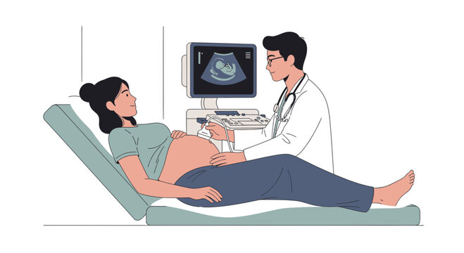 Pregnant woman undergoing ultrasound scan with doctor, showing baby on screen