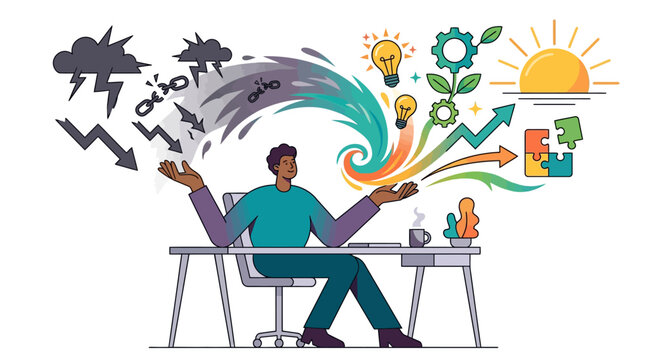 Corporate Memphis vector illustration of a man sitting at a desk transforming negative energy like storm clouds and broken chains into positive ideas, growth, and creative success.