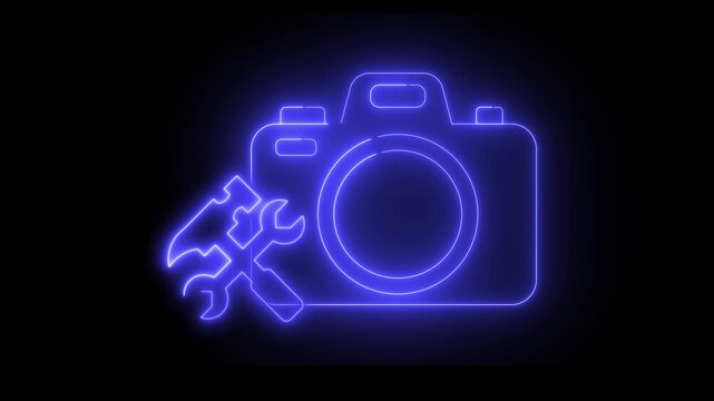 Neon light effect animation of the camera icon with wrench and screwdriver. Modern theme for digital photography repair or maintenance.