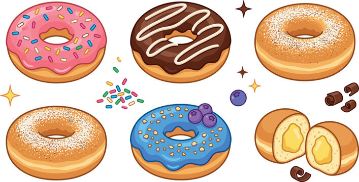 Sweet Glazed Donut Vector Icon Set with Strawberry Sprinkles, Chocolate Icing, Powdered Sugar, Blueberry Frosting, and Custard Filled Doughnut Varieties