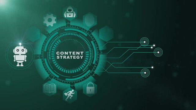 Content Strategy Technology Animation with Digital Marketing Planning Network and Enterprise Communication System on Black Background 4K black background visuals