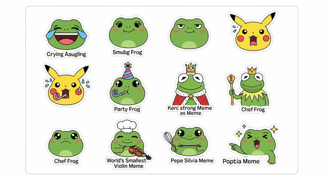 Cute Frog Stickers: Memes, Pikachu, Party, Chef, King