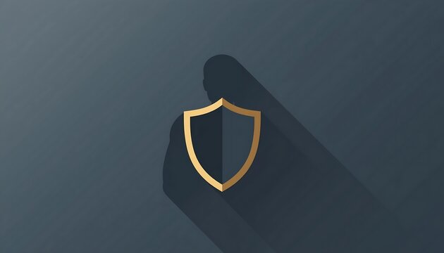 Minimalist security concept illustration featuring a golden shield icon with a long shadow and a human silhouette, representing protection, safety, and digital security