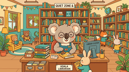 Cute Koala Librarian Reading Books in Library with Animal Friends © ski