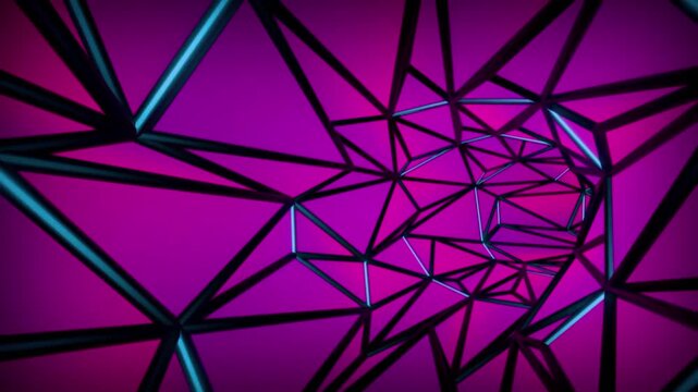 An abstract 3D animation featuring a visual journey through a geometric tunnel in the form of a triangular network (low-poly wireframe). 