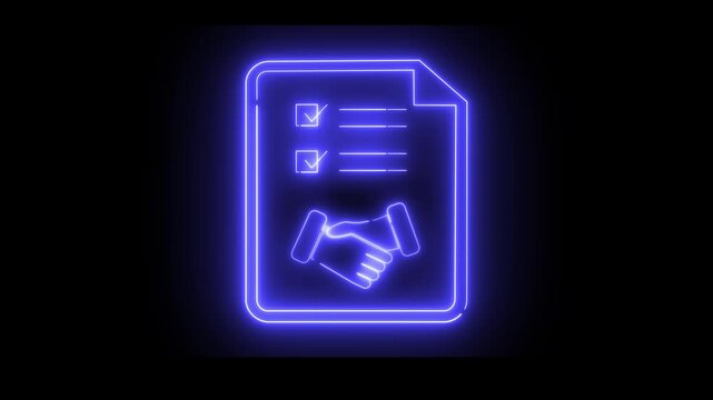 Neon light effect animation of a document icon with checkmarks and a handshake. Represents the signing of an agreement, partnership, or contract.
