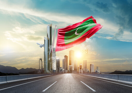 Maldives flag waving with modern and developed landscape. Maldives national flag for independence day.