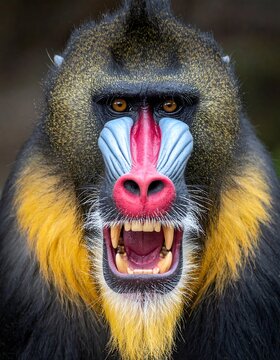 Close up portrait of a mandrill showing its distinctive facial features