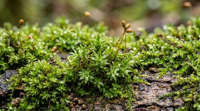 Lush green moss with delicate flowers growing densely on a rough tree bark surface in a natural setting