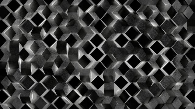 A geometric 3D cube formation in black and dark gray with a grainy noisy texture. These cubes rotate dynamically and emit white silver light effects from their crevices, 