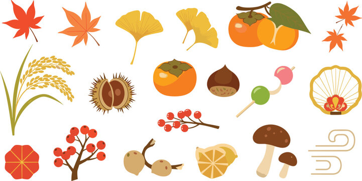 Japanese Autumn Season Icon Set with Maple Ginkgo Leaves Rice Ears Persimmons Chestnut Mushrooms Dango and Traditional Harvest Elements for Cultural Graphic Designs
