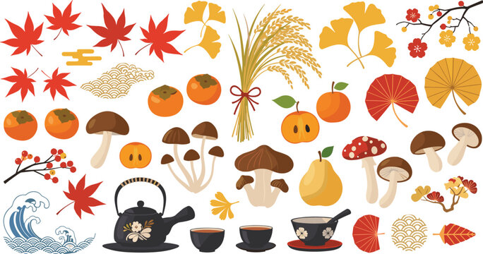 Japanese Autumn Harvest Element Set with Maple and Ginkgo Leaves Rice Ears Mushrooms Persimmons Teapot and Traditional Asian Patterns for Cultural Creative Designs