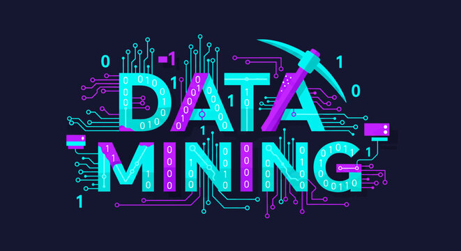 Data mining concept with pickaxe and circuit board elements