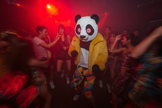 Person in panda costume dancing at a nightclub with crowd in red light nightclub nightlife entertainment festivity atmosphere celebration performance costumed clubbing excitement gathering