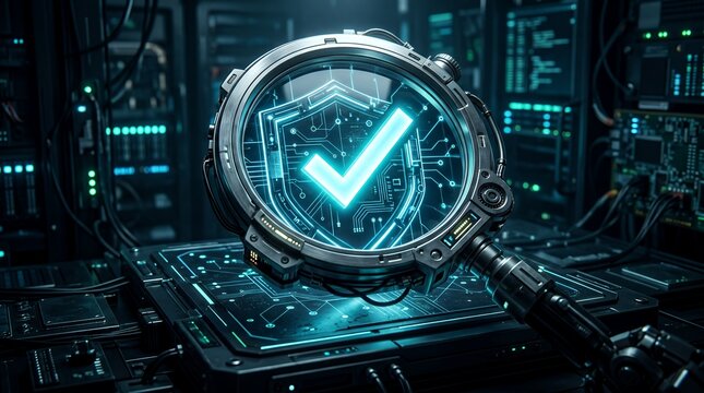 A futuristic digital interface displays a glowing verified checkmark inside a high-tech circular security system with intricate circuitry and holographic elements
