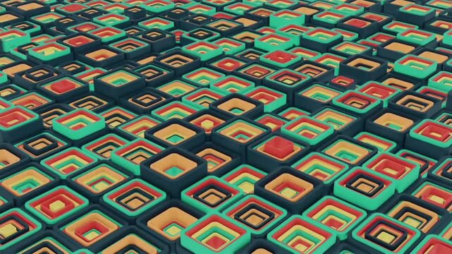 A geometric pattern of nested cubes or squares with rounded corners that dynamically move up and down.