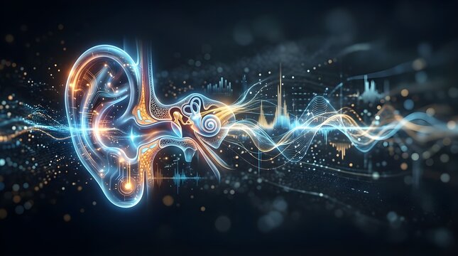 Digital ear anatomy illustration showing sound wave frequency analysis