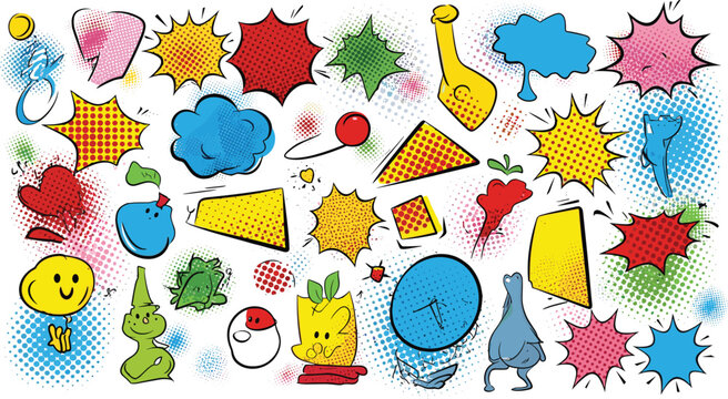 Retro Comic Book Speech Bubble and Abstract Element Set with Exploding Starburst Shapes, Halftone Texture Backgrounds, and Cute Doodle Characters for Graphic Designs