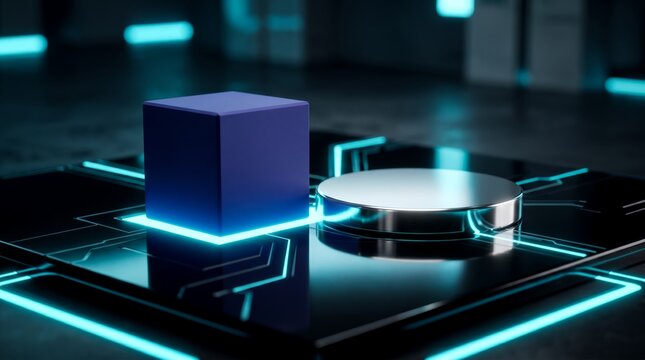 A futuristic digital interface displays a glowing blue cube and circular disc on a high-tech circuit board background.