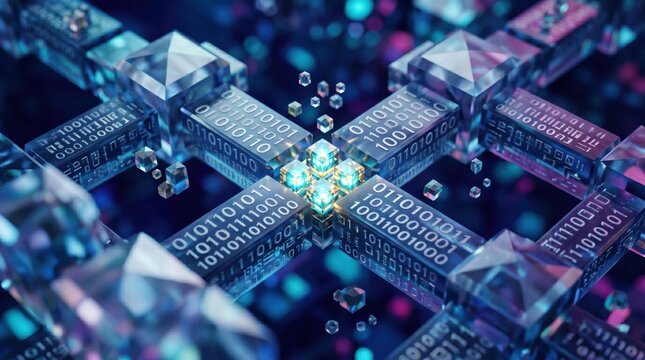 Abstract 3D illustration of binary code blocks and digital cubes, glowing blue data stream background, blockchain technology concept, cryptography, encryption