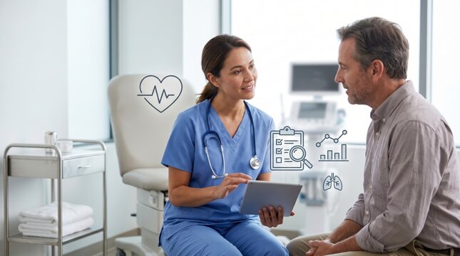 Female doctor explaining medical results to male patient, healthcare and diagnosis concept