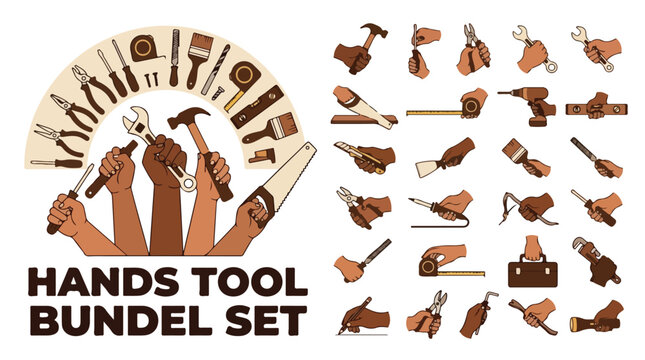 Hands Tool Bundel Set, professional construction equipment icons, diverse worker hands holding hardware tools, flat vector repair kit collection
