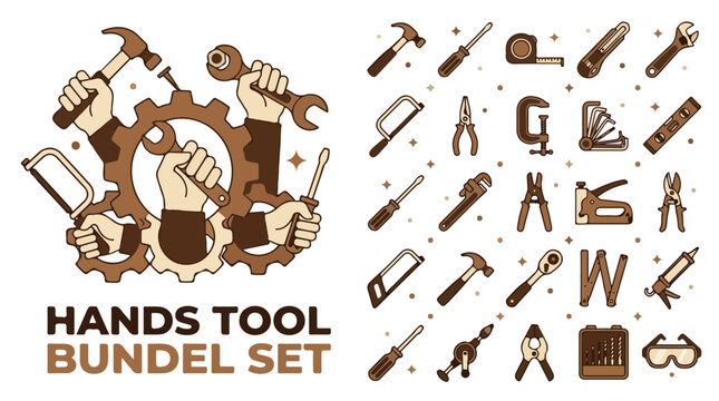 Vintage hand tool bundle set, industrial repair equipment icons, brown line art construction tools vector collection for workshop branding