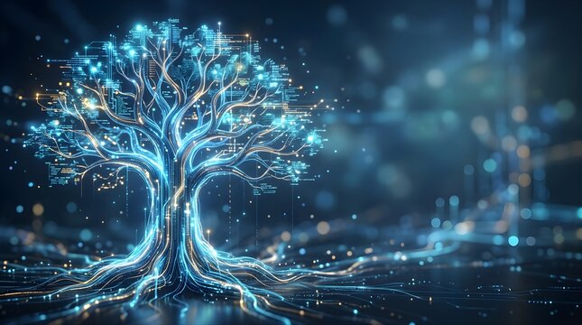 Digital tree composed of glowing data circuits representing global connectivity
