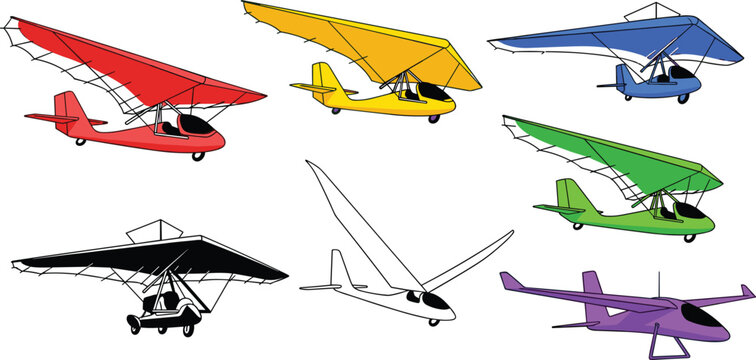 Ultralight Aircraft and Hang Glider Vector Icon Set with Colorful Motorized Gliders for Extreme Air Sports, Aviation, and Recreational Flying Designs