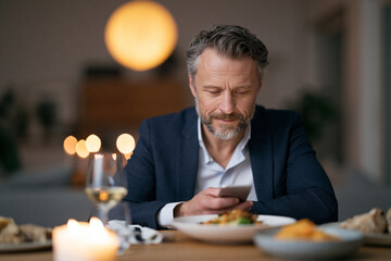 Fototapeta premium Man sits at dinner, smiling, scrolling phone. Candlelight glows softly on wooden table. Wine glass, plates, and appetizers surround him. Warm lighting and cozy background create intimate mood