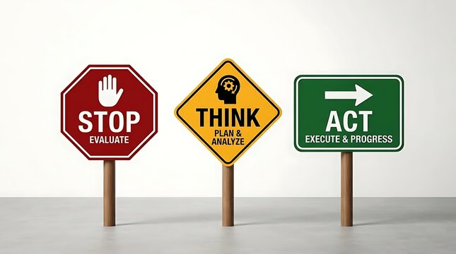 Business process signs showing stop evaluate think plan analyze and act execute progress concept for strategic decision making