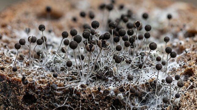 Microscopic view of black fungal spores emerging from a dense network of mycelium on a natural substrate