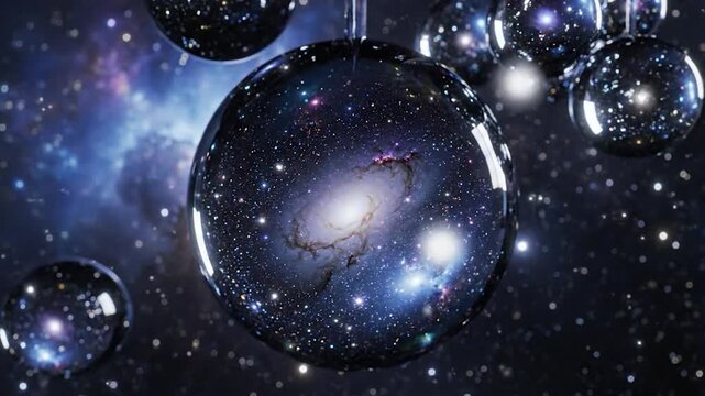 Multiple glass spheres floating in deep space containing miniature galaxies and nebulae