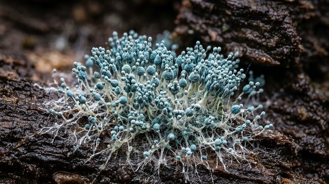 A cluster of lichen growing densely on the rough surface of weathered tree bark in a natural forest setting