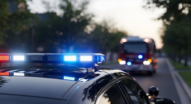 Police Car Emergency Lights Flashing at Night with a Fire Truck Responding to a Call Scene