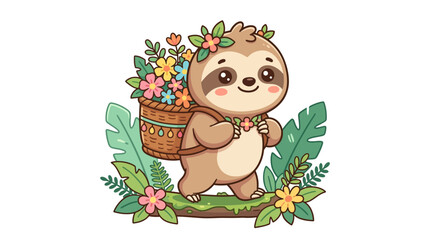 Fototapeta premium Cute Sloth Carrying Flowers in Basket, Cartoon Style