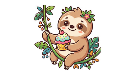 Fototapeta premium Cute Sloth Eating Cupcake on Vine with Flowers